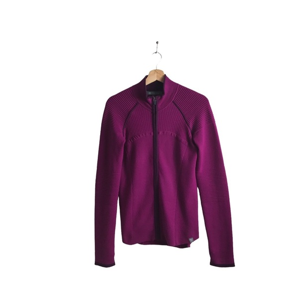 Title Nine‎ Small Wool Full Zip Mock Neck Magenta Sweater Jacket Thumbholes Golf - Picture 1 of 14